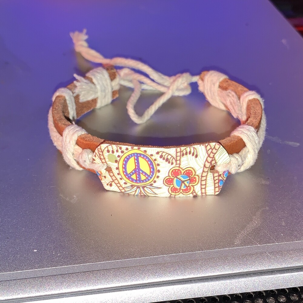 Brown Leather &White Cord Wrap Tie Bracelet, Adjustable Peace Theme #flowerpower